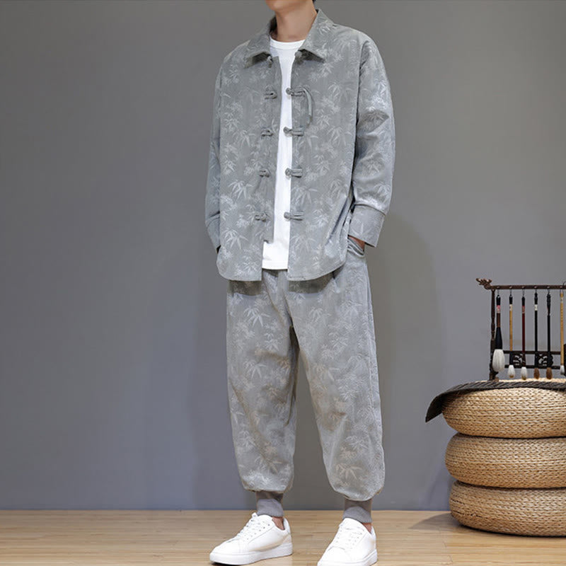 Set di 2 giacche e pantaloni a maniche lunghe in velluto a coste di cotone con bottoni a rana, da uomo, invernali, spessi, in bambù, con tasche, Buddha Stones - image 14