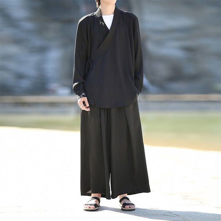 Set di 2 pezzi Buddha Stones, kimono in cotone con lacci e ricamo in bambù, pantaloni alla caviglia con tasche, set di stoffa per meditazione da uomo - Nero - US/UK/AU46, EU56 (5XL) - image 0