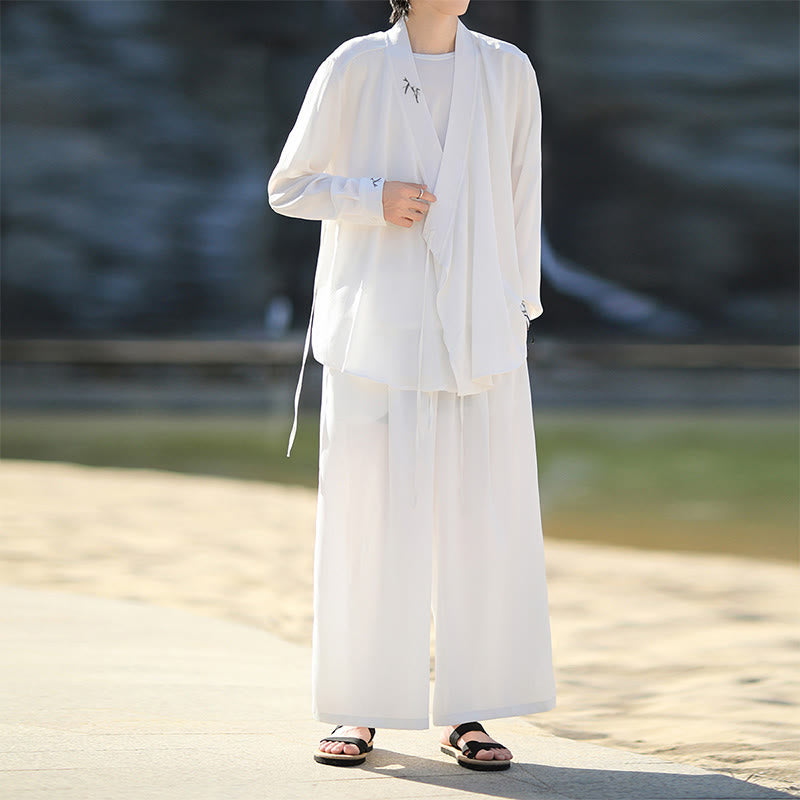 Set di 2 pezzi Buddha Stones, kimono in cotone con lacci e ricamo in bambù, pantaloni alla caviglia con tasche, set di stoffa per meditazione da uomo - Bianco - US/UK/AU46, EU56 (5XL) - image 7