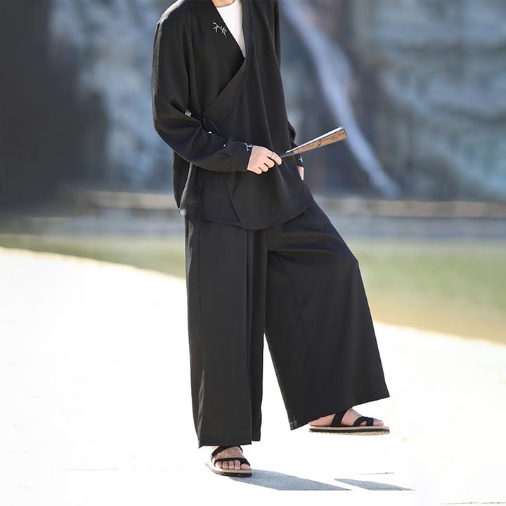 Set di 2 pezzi Buddha Stones, kimono in cotone con lacci e ricamo in bambù, pantaloni alla caviglia con tasche, set di stoffa per meditazione da uomo - image 3