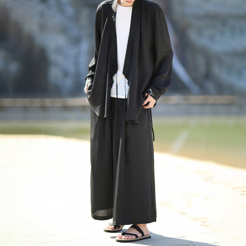 Set di 2 pezzi Buddha Stones, kimono in cotone con lacci e ricamo in bambù, pantaloni alla caviglia con tasche, set di stoffa per meditazione da uomo - image 1