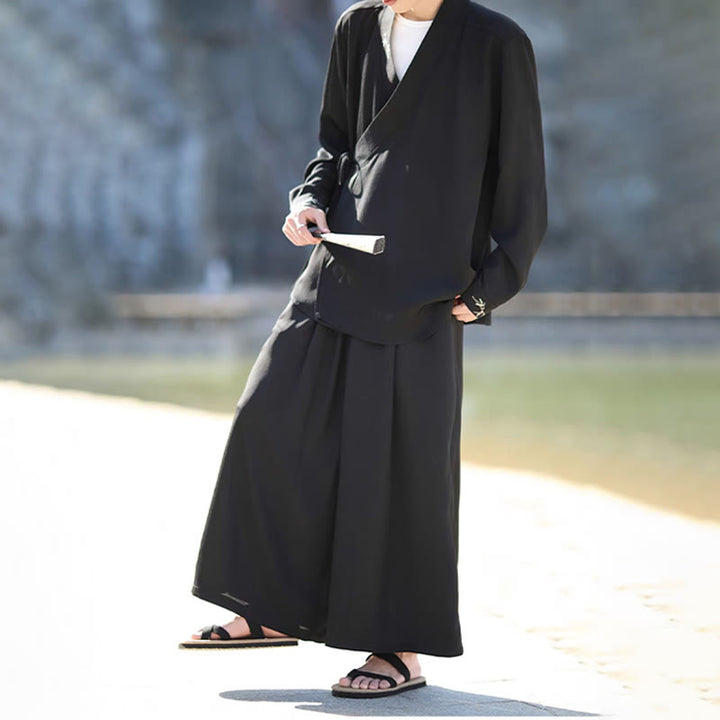 Set di 2 pezzi Buddha Stones, kimono in cotone con lacci e ricamo in bambù, pantaloni alla caviglia con tasche, set di stoffa per meditazione da uomo - image 5