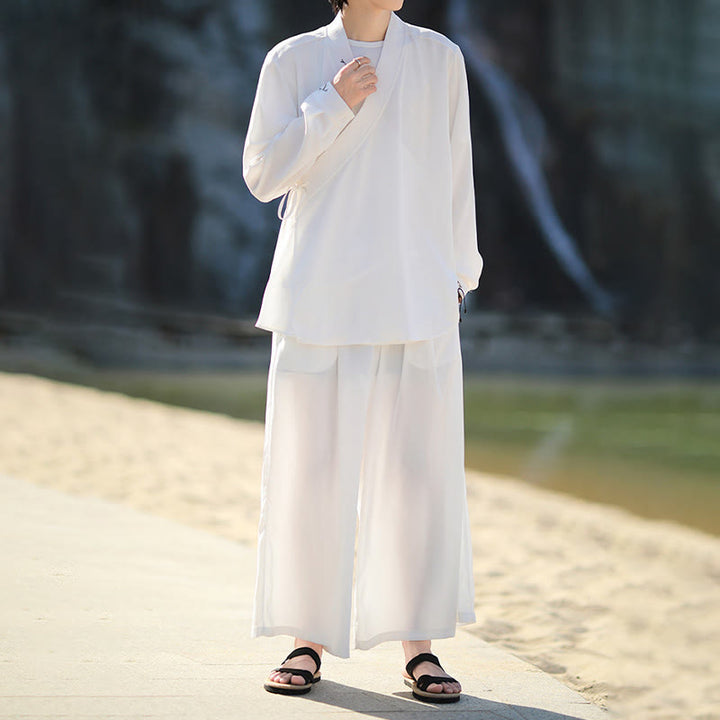 Set di 2 pezzi Buddha Stones, kimono in cotone con lacci e ricamo in bambù, pantaloni alla caviglia con tasche, set di stoffa per meditazione da uomo - image 8