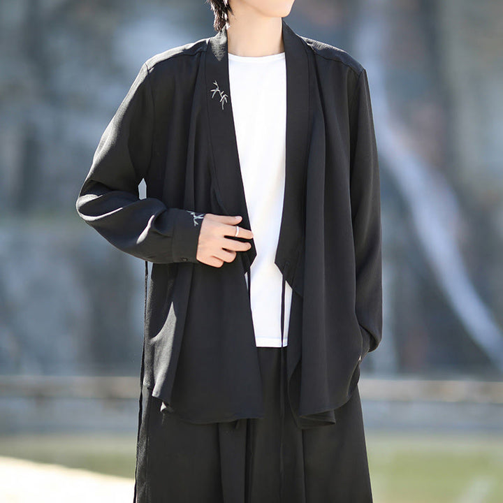 Set di 2 pezzi Buddha Stones, kimono in cotone con lacci e ricamo in bambù, pantaloni alla caviglia con tasche, set di stoffa per meditazione da uomo - image 6