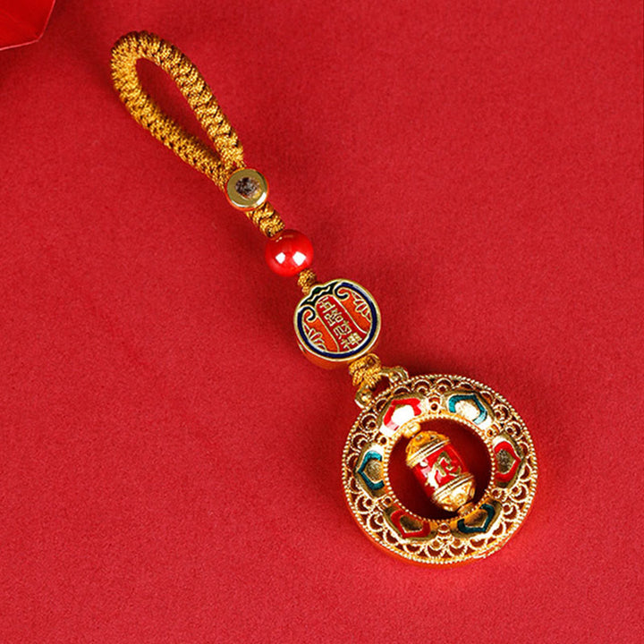 Portachiavi girevole con ruota di preghiera in rame con Buddha Stones, cinque direzioni, divinità della ricchezza - Cinque Direzioni degli Dei della Ricchezza - Corda con bottone - image 0