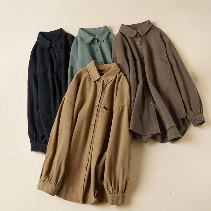 Camicia da donna in cotone a maniche lunghe con colletto rialzato e bottoni casual, motivo Buddha Stones - image 24