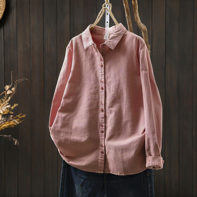 Camicia da donna in cotone a maniche lunghe con colletto rialzato e bottoni in tinta unita, Buddha Stones Fall - Salmone Scuro - US6, UK/AU10, EU38 (L) - image 2