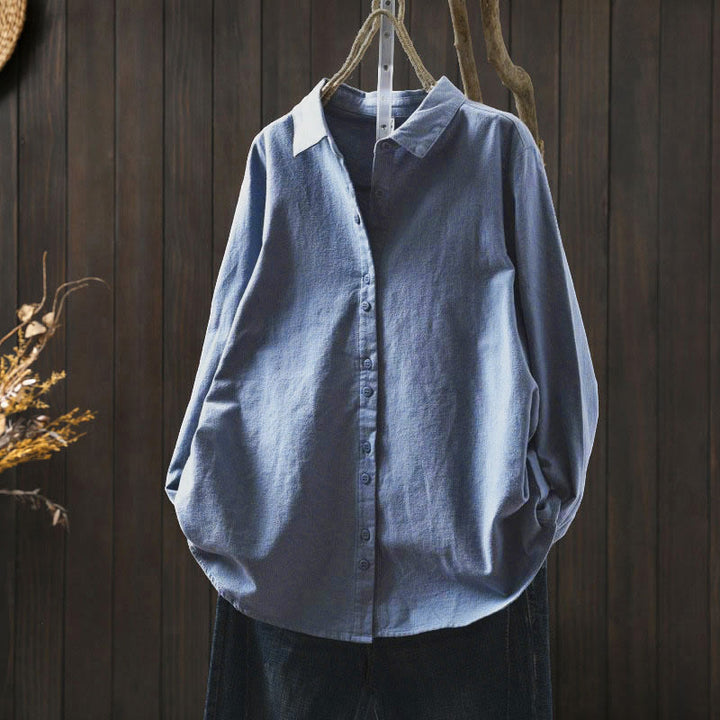 Camicia da donna in cotone a maniche lunghe con colletto rialzato e bottoni in tinta unita, Buddha Stones Fall - AzzurroCielo Chiaro - US6, UK/AU10, EU38 (L) - image 26