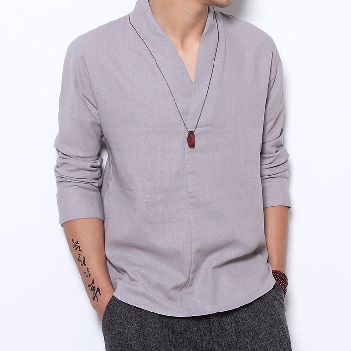 Buddha Stones Casual V-Neck Manica Lunga Camicia Lino Abbigliamento Uomo - Gainsboro - US/UK/AU44, EU54 (5XL) - image 0