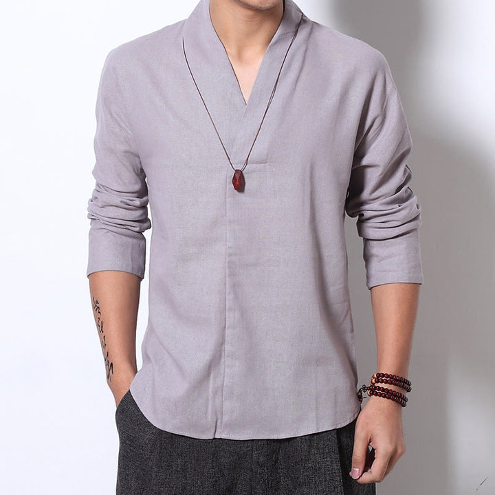 Buddha Stones Casual V-Neck Manica Lunga Camicia Lino Abbigliamento Uomo - image 1