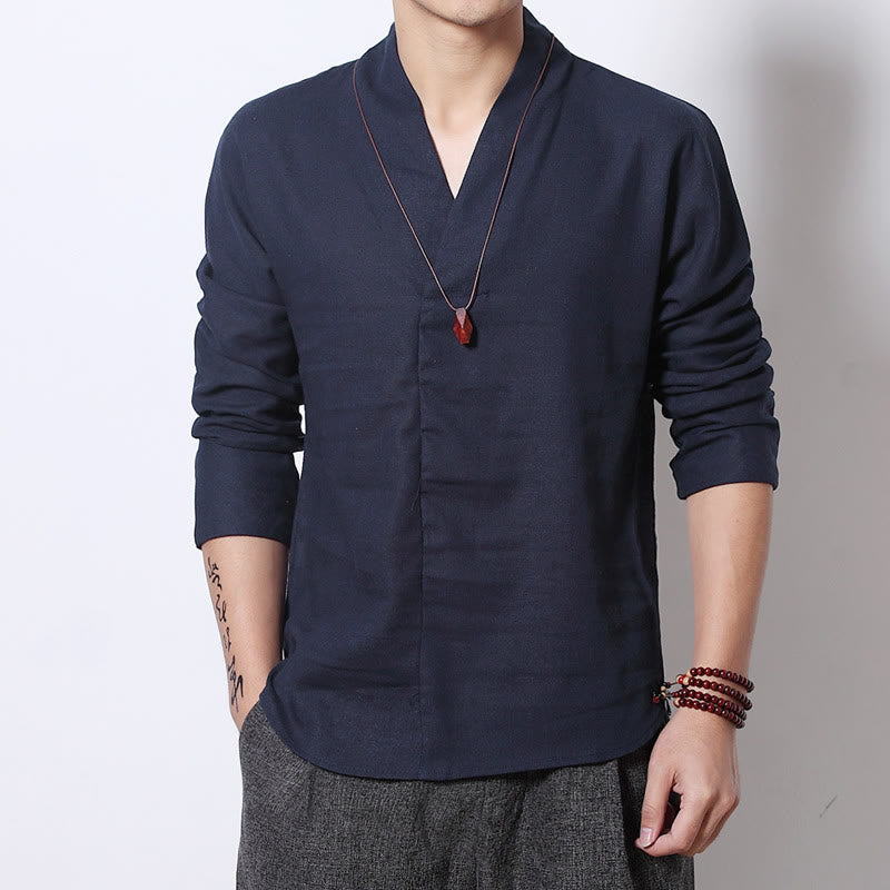 Buddha Stones Casual V-Neck Manica Lunga Camicia Lino Abbigliamento Uomo - SteelBlue - US/UK/AU44, EU54 (5XL) - image 6