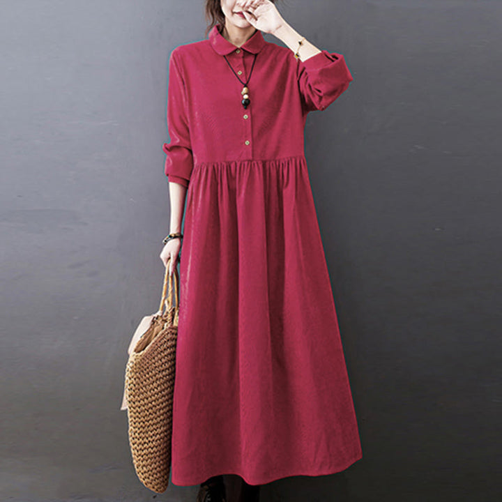 Abito midi a maniche lunghe in velluto a coste con tasche e motivo a bottoni a forma Buddha Stones. - Rosso - US8-10, UK/AU12-14, EU40-42 (2XL) - image 9
