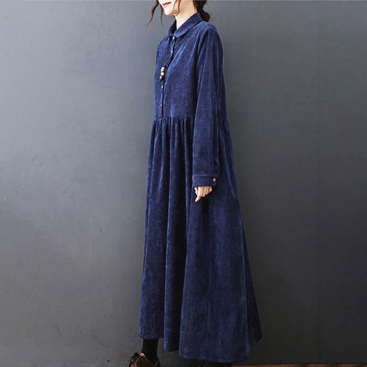 Abito midi in velluto a coste di cotone con maniche lunghe e tasche, motivo Buddha Stones Fall Buttons - image 24