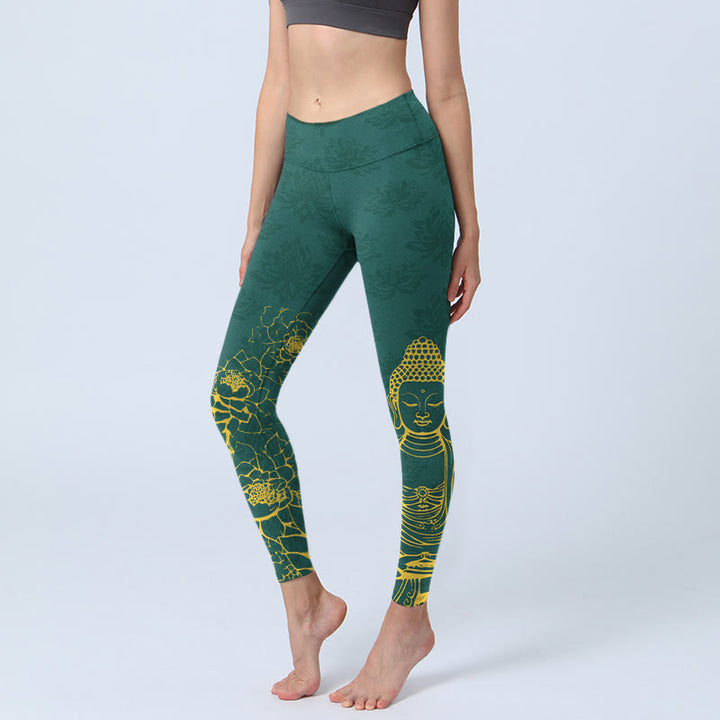 Leggings da palestra con stampa Buddha Stones Lotus Buddha Image Pattern, pantaloni da yoga da donna - Verde scuro - US18, UK/AU22, EU50 (4XL) - image 0