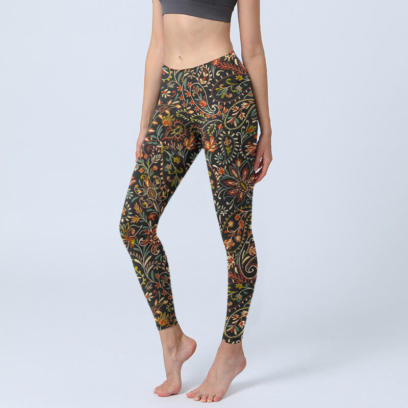 Leggings da palestra con stampa di motivi floreali e foglie intricati Buddha Stones, pantaloni da yoga da donna - Nero - US18, UK/AU22, EU50 (4XL) - image 0