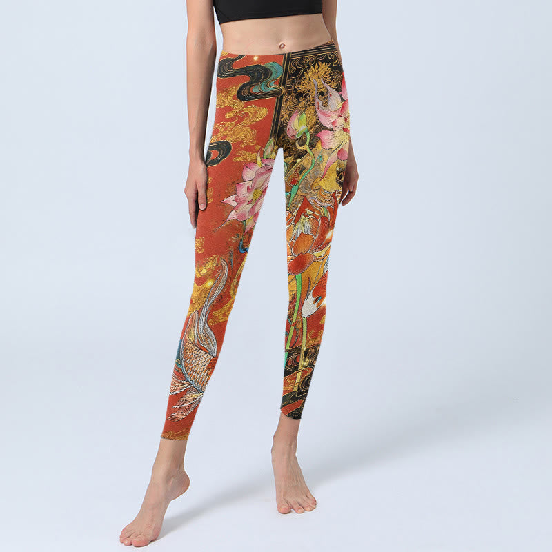 Leggings da palestra con stampa Buddha Stones Koi Fish Lotus Cloud Pattern, pantaloni da yoga da donna - image 5