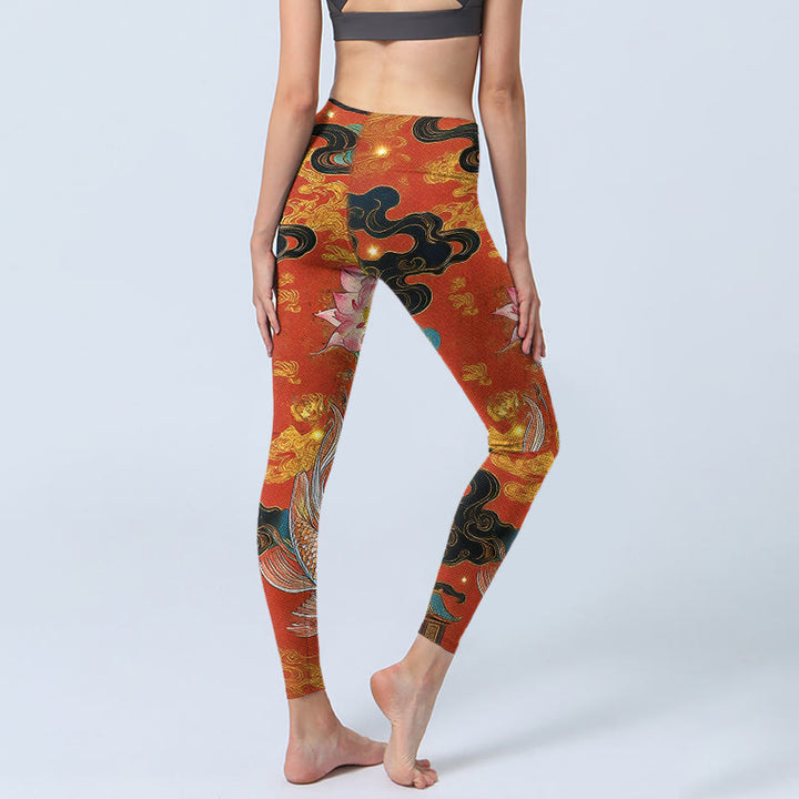 Leggings da palestra con stampa Buddha Stones Koi Fish Lotus Cloud Pattern, pantaloni da yoga da donna - image 4