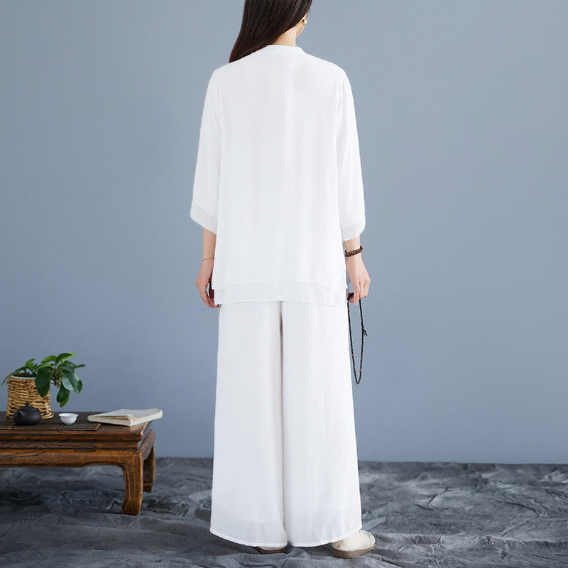 Set da donna di abbigliamento Zen per meditazione, in tinta unita, con maniche a tre quarti, pantaloni larghi e bottoni a rana, motivo Buddha Stones, 2 pezzi - image 3