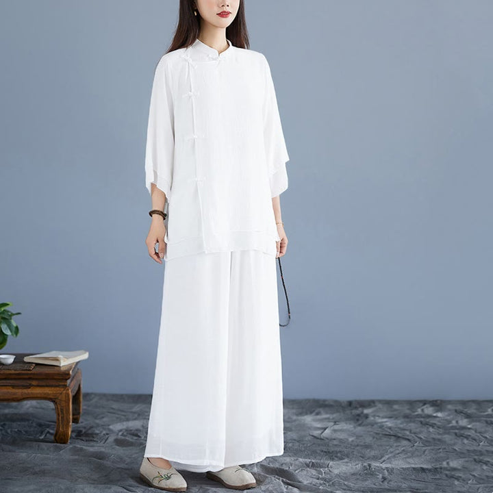 Set da donna di abbigliamento Zen per meditazione, in tinta unita, con maniche a tre quarti, pantaloni larghi e bottoni a rana, motivo Buddha Stones, 2 pezzi - Bianco - US8-10, UK/AU12-14, EU40-42 (2XL) - image 0