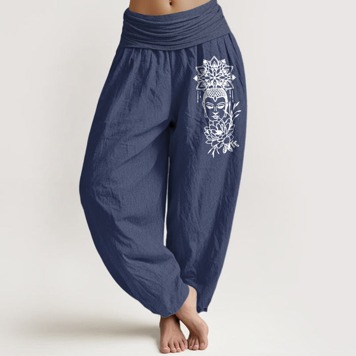 Pantaloni harem da donna con elastico in vita, in puro cotone, con immagine Buddha Stones e motivo di loto - DarkSlateBlue - US16, UK/AU20, EU48 (3XL) - image 0