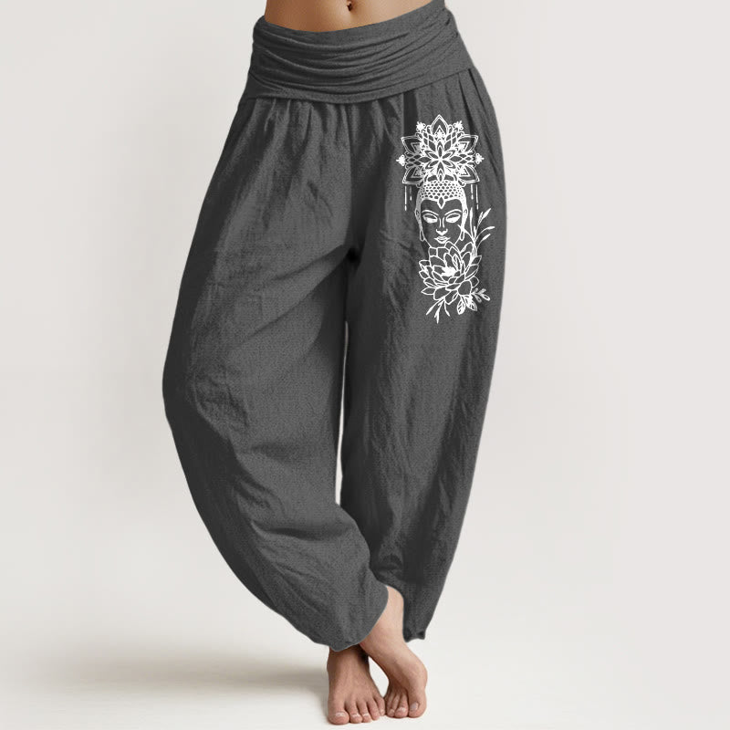 Pantaloni harem da donna con elastico in vita, in puro cotone, con immagine Buddha Stones e motivo di loto - Grigio scuro - US16, UK/AU20, EU48 (3XL) - image 8
