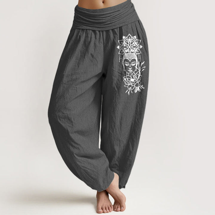 Pantaloni harem da donna con elastico in vita, in puro cotone, con immagine Buddha Stones e motivo di loto - Grigio scuro - US16, UK/AU20, EU48 (3XL) - image 8