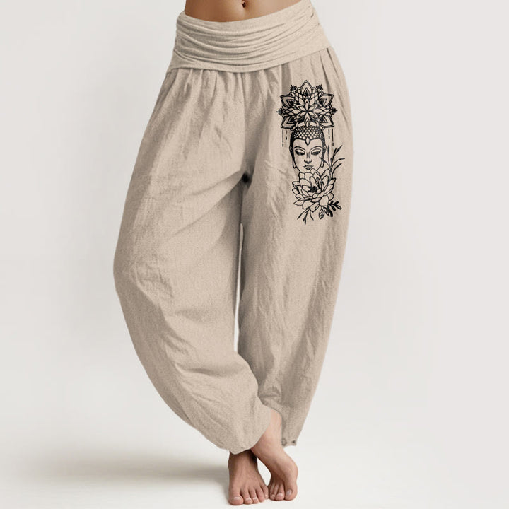 Pantaloni harem da donna con elastico in vita, in puro cotone, con immagine Buddha Stones e motivo di loto - Abbronzatura - US16, UK/AU20, EU48 (3XL) - image 11
