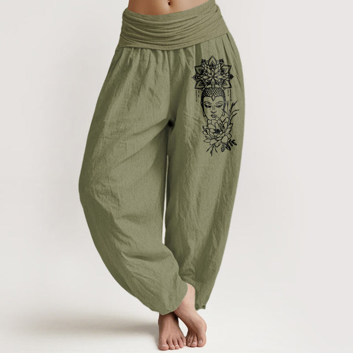 Pantaloni harem da donna con elastico in vita, in puro cotone, con immagine Buddha Stones e motivo di loto - Verde oliva - US16, UK/AU20, EU48 (3XL) - image 14