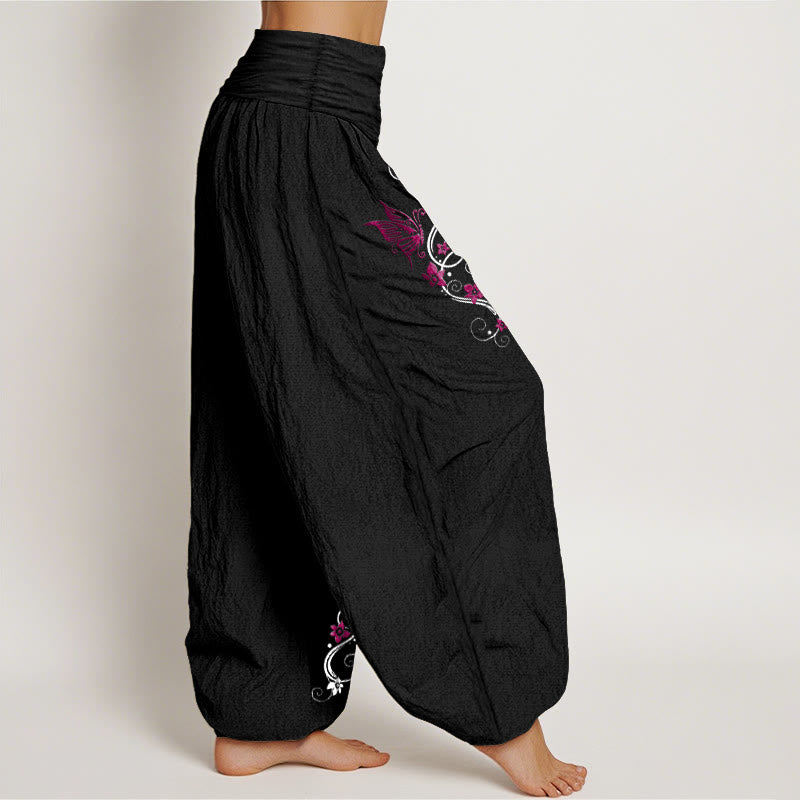 Pantaloni harem da donna con elastico in vita, motivo a farfalla e fiore, in puro cotone, dai colori tenui , Buddha Stones - image 2