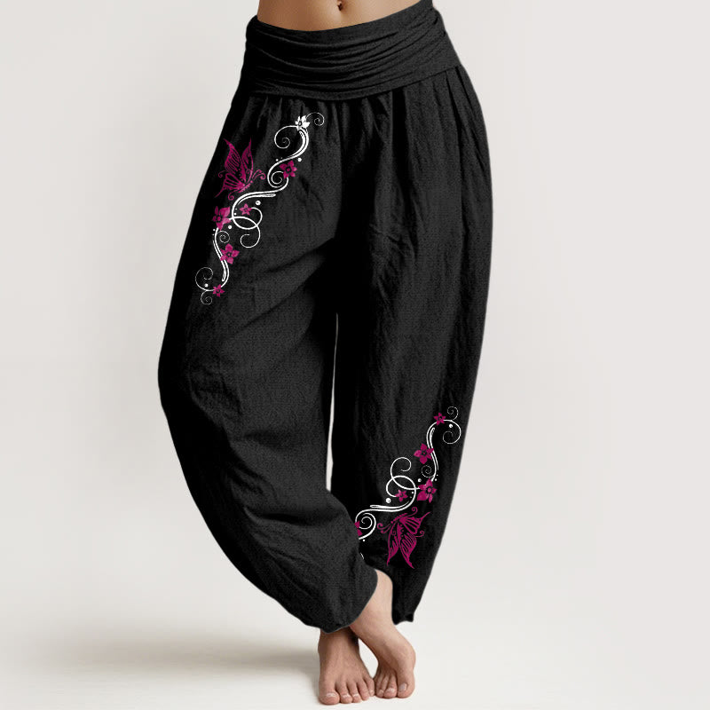 Pantaloni harem da donna con elastico in vita, motivo a farfalla e fiore, in puro cotone, dai colori tenui , Buddha Stones - Nero - US16, UK/AU20, EU48 (3XL) - image 0