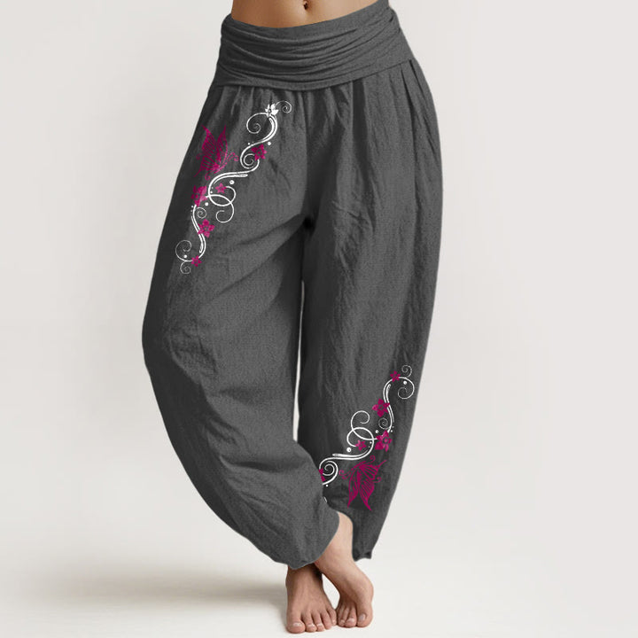Pantaloni harem da donna con elastico in vita, motivo a farfalla e fiore, in puro cotone, dai colori tenui , Buddha Stones - Grigio scuro - US16, UK/AU20, EU48 (3XL) - image 8