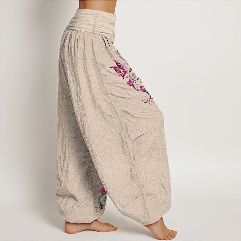 Pantaloni harem da donna con elastico in vita, motivo a farfalla e fiore, in puro cotone, dai colori tenui , Buddha Stones - image 13