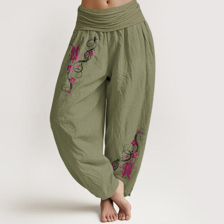 Pantaloni harem da donna con elastico in vita, motivo a farfalla e fiore, in puro cotone, dai colori tenui , Buddha Stones - Verde oliva - US16, UK/AU20, EU48 (3XL) - image 14