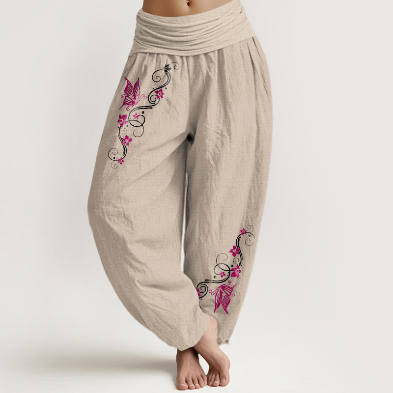 Pantaloni harem da donna con elastico in vita, motivo a farfalla e fiore, in puro cotone, dai colori tenui , Buddha Stones - Abbronzatura - US16, UK/AU20, EU48 (3XL) - image 11