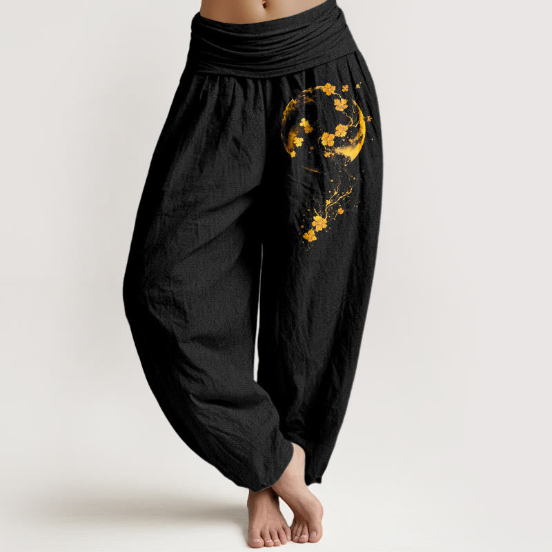 Pantaloni harem da donna con elastico in vita, in puro cotone, con motivo a fiori di luna e viticcio, dai colori vivaci - Nero - US16, UK/AU20, EU48 (3XL) - image 0