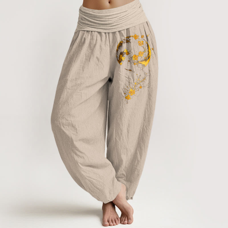 Pantaloni harem da donna con elastico in vita, in puro cotone, con motivo a fiori di luna e viticcio, dai colori vivaci - Abbronzatura - US16, UK/AU20, EU48 (3XL) - image 11