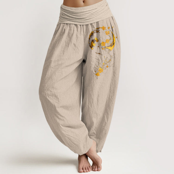 Pantaloni harem da donna con elastico in vita, in puro cotone, con motivo a fiori di luna e viticcio, dai colori vivaci - Abbronzatura - US16, UK/AU20, EU48 (3XL) - image 11