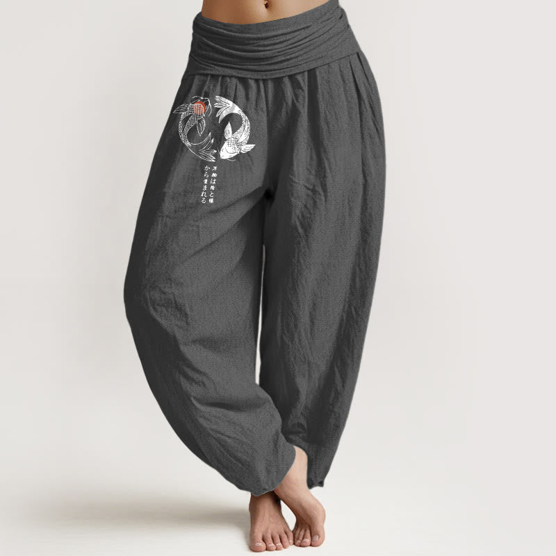 Pantaloni harem da donna con elastico in vita e motivo a pesci koi in puro cotone Buddha Stones - Grigio scuro - US16, UK/AU20, EU48 (3XL) - image 0