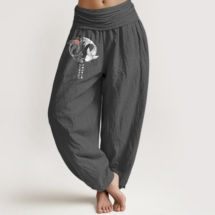 Pantaloni harem da donna con elastico in vita e motivo a pesci koi in puro cotone Buddha Stones - Grigio scuro - US16, UK/AU20, EU48 (3XL) - image 0