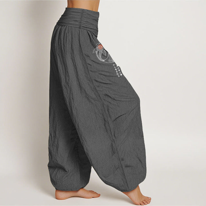 Pantaloni harem da donna con elastico in vita e motivo a pesci koi in puro cotone Buddha Stones - image 2