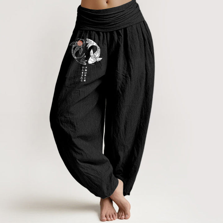 Pantaloni harem da donna con elastico in vita e motivo a pesci koi in puro cotone Buddha Stones - Nero - US16, UK/AU20, EU48 (3XL) - image 5