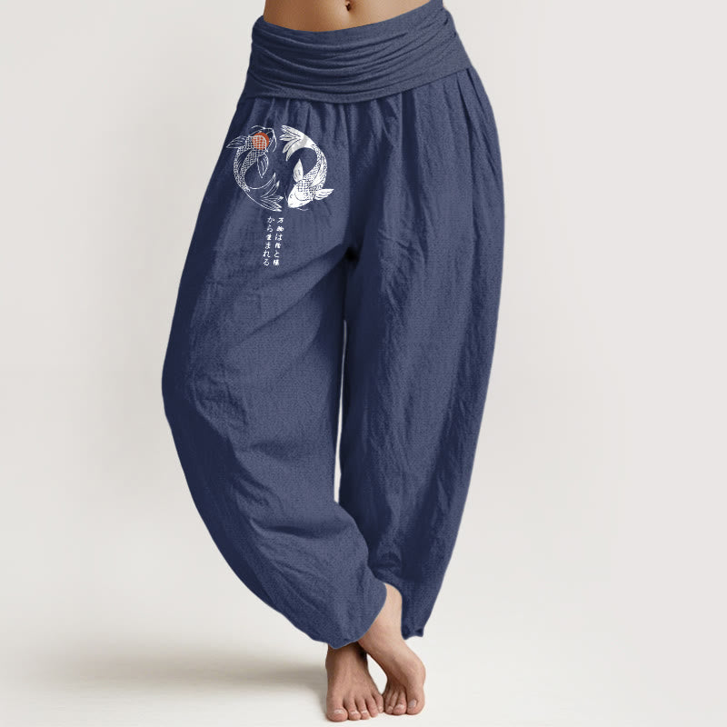 Pantaloni harem da donna con elastico in vita e motivo a pesci koi in puro cotone Buddha Stones - DarkSlateBlue - US16, UK/AU20, EU48 (3XL) - image 8
