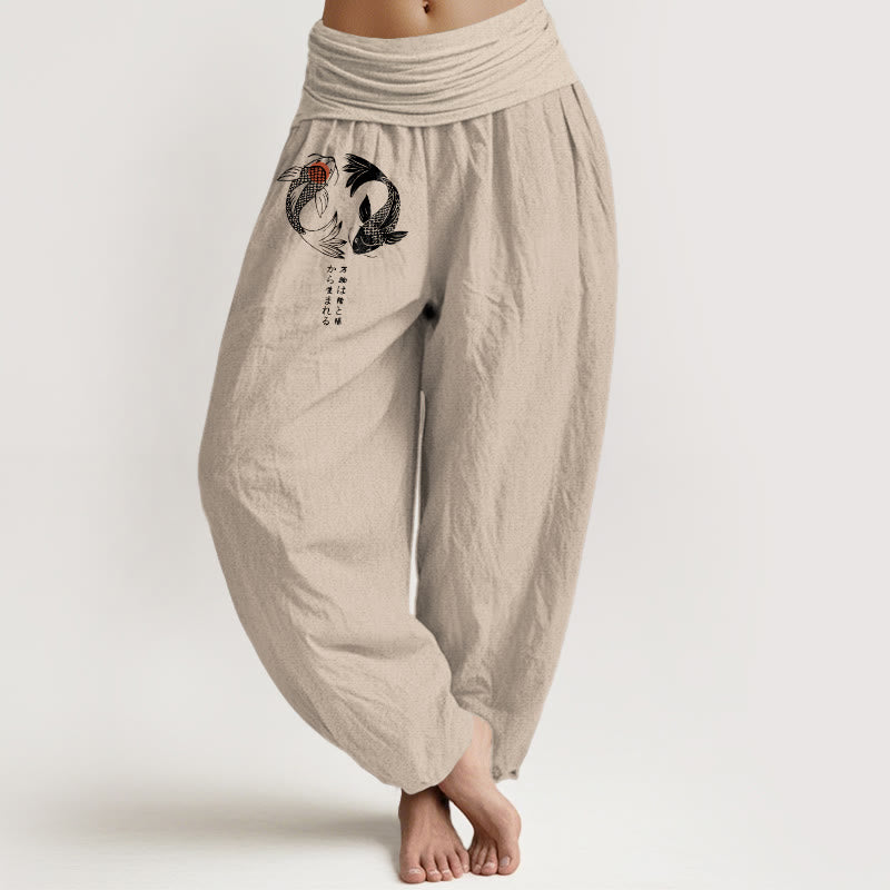Pantaloni harem da donna con elastico in vita e motivo a pesci koi in puro cotone Buddha Stones - Abbronzatura - US16, UK/AU20, EU48 (3XL) - image 11
