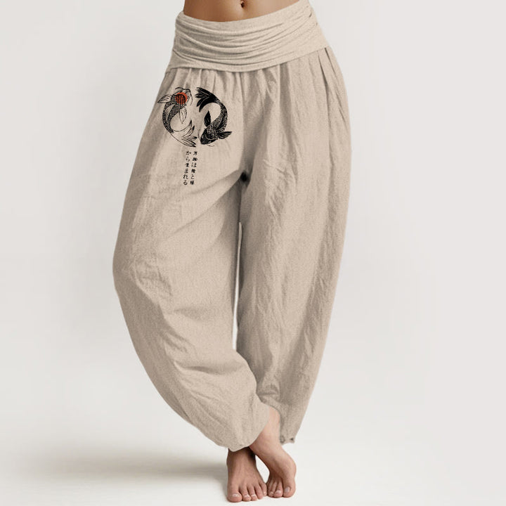 Pantaloni harem da donna con elastico in vita e motivo a pesci koi in puro cotone Buddha Stones - Abbronzatura - US16, UK/AU20, EU48 (3XL) - image 11
