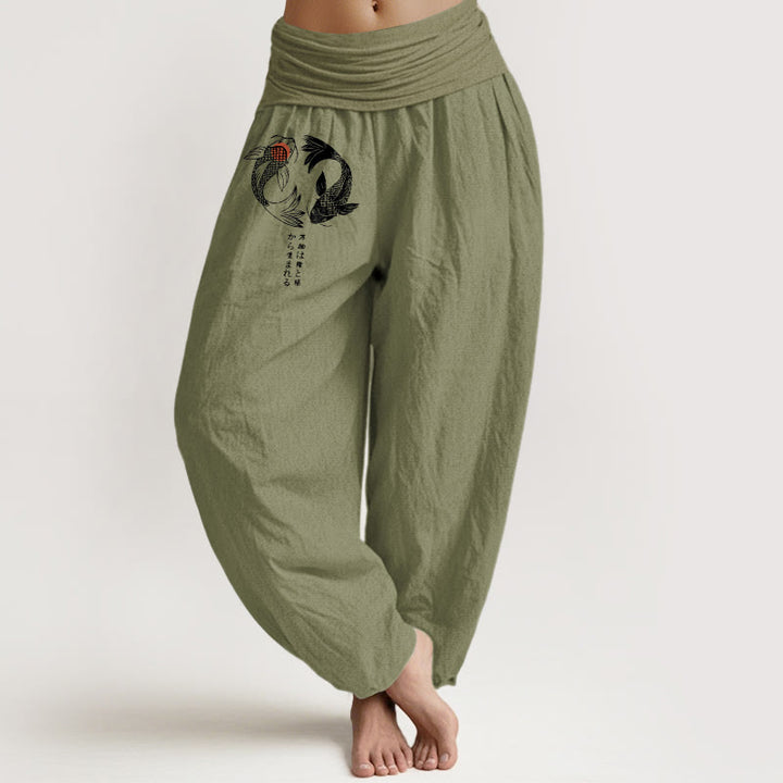 Pantaloni harem da donna con elastico in vita e motivo a pesci koi in puro cotone Buddha Stones - Verde oliva - US16, UK/AU20, EU48 (3XL) - image 14