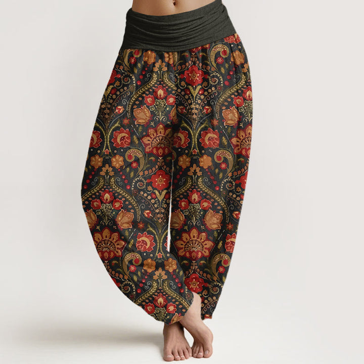 Pantaloni harem da donna con elastico in vita, in cotone, con motivo a volute di fiori e foglie colorati, motivo Buddha Stones - Nero - US16, UK/AU20, EU48 (3XL) - image 0