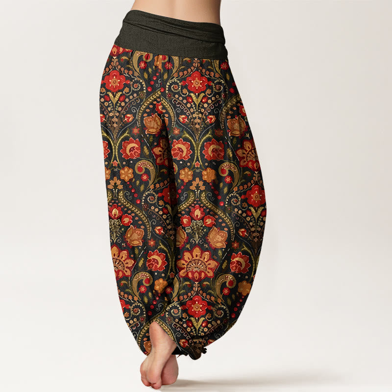 Pantaloni harem da donna con elastico in vita, in cotone, con motivo a volute di fiori e foglie colorati, motivo Buddha Stones - image 1