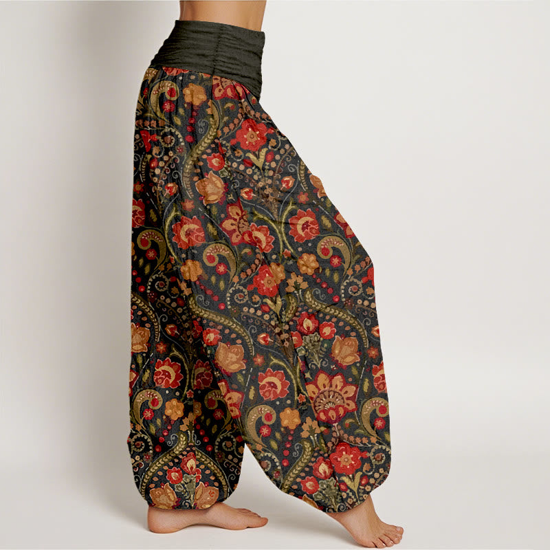 Pantaloni harem da donna con elastico in vita, in cotone, con motivo a volute di fiori e foglie colorati, motivo Buddha Stones - image 2