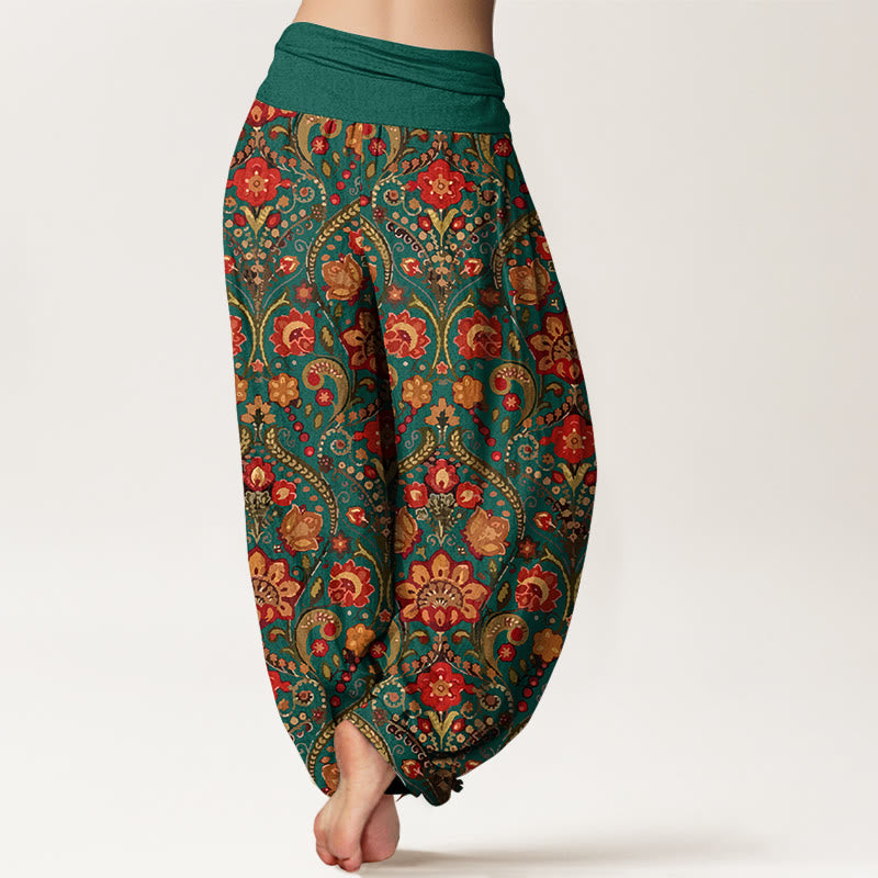 Pantaloni harem da donna con elastico in vita, in cotone, con motivo a volute di fiori e foglie colorati, motivo Buddha Stones - image 9