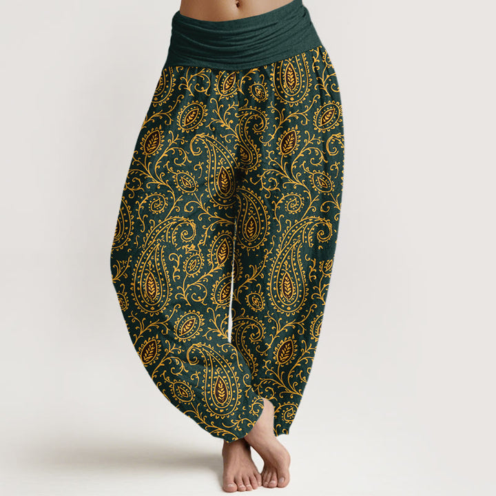 Pantaloni harem da donna con elastico in vita, in cotone con motivo paisley dai colori vivaci, modello Buddha Stones - Verde scuro - US16, UK/AU20, EU48 (3XL) - image 0